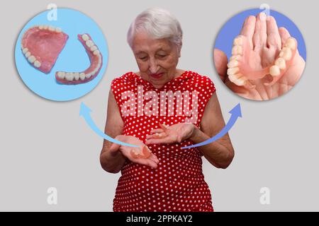 dentadura de nylon flexible en manos femeninas mayores. Foto de stock