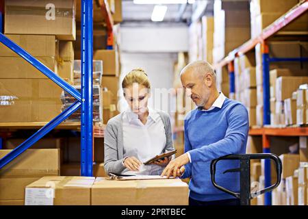 Logística coordinada. Hombre y mujer inspeccionando el inventario en un gran almacén de distribución. Foto de stock