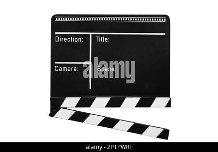 Clapper de película real con espacio de copia aislado en el suelo de panadeta blanco, vista frontal en primer plano corte clapperboard Foto de stock