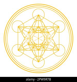 Cubo de Metatrones de Oro, símbolo místico, derivado de la Flor de la Vida Ilustración del Vector