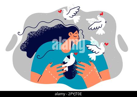 Mujer con agujero en el cuerpo y palomas voladoras simboliza la liberación de la adicción romántica para la salud psicológica. Concepto de manipulación psicológica a. Foto de stock
