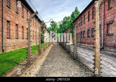 Oswiecim, Polonia - 12 de mayo de 2016: Bloques de mampostería y cercas con alambre de púas en el campo de concentración Auschwitz-Birkenau en Oswiecim, Polonia. Foto de stock