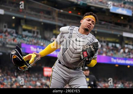 Milwaukee Brewers catcher William Contreras, left, congratulates relief  pitcher Devin Williams on his save after a victory over the San Diego  Padres, Sunday, April 16, 2023, in San Diego. (AP Photo/Brandon Sloter