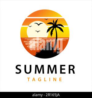 Atractivo logotipo de playa de verano con ilustración vectorial, perfecto para cualquier negocio o evento relacionado con la playa o vacaciones de verano. Ilustración del Vector
