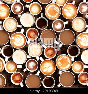 Vista superior de varias bebidas de café en tazas, incluyendo arte latte, capuchino, americano, espresso, blanco plano, moca, y cortado, sobre una mesa oscura. Perf Foto de stock