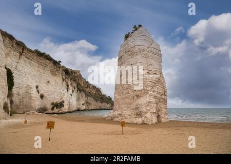 Pizzomunno, rocas de piedra caliza en la playa, Vieste, Gargano, Puglia, Italia Foto de stock