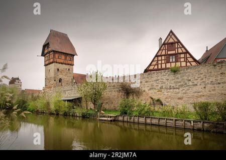 Bäuerlinsturm en el casco antiguo histórico de Dinkelsbühl en el Wörnitz (río), camino romántico, distrito de Ansbach, Franconia media, Baviera, Alemania Foto de stock