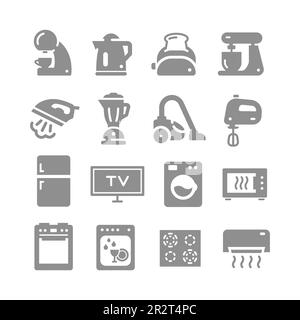 Los electrodomésticos llenan el conjunto de iconos vectoriales. Electrodomésticos, horno, iconos de estufa. Ilustración del Vector