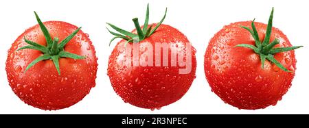 Conjunto de tomates rojos húmedos aislados sobre fondo blanco con ruta de recorte. Tomate fresco con gotas. Profundidad de campo completa Foto de stock