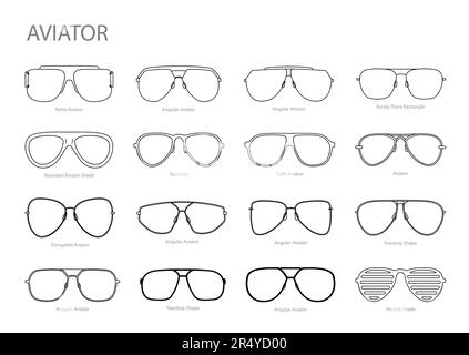 Conjunto de gafas de aviador marco de moda accesorio ilustración. Vista  frontal de gafas de sol para hombres, mujeres, estilo silueta unisex, gafas  de borde plano con contorno de estilo de boceto