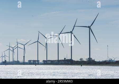Maasvlakte Rotterdam y su parque eólico generan energía. Masiva extensión artificial hacia el oeste del puerto de Europoort. Foto de alta calidad Foto de stock