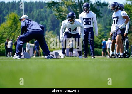 Seattle Seahawks linebacker Nick Bellore (44) talks with safety Jonathan  Sutherland (28) during the NFL football team's training camp, Thursday,  Aug. 3, 2023, in Renton, Wash. (AP Photo/Lindsey Wasson Stock Photo - Alamy