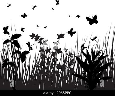 Antecedentes vectoriales siluetas de hierba con mariposas Ilustración del Vector