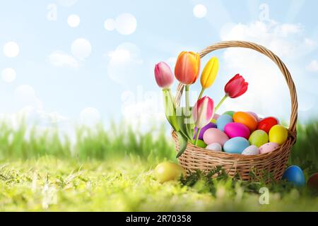 Cesta de mimbre con huevos de Pascua pintados y tulipanes en hierba verde en día soleado, espacio para texto Foto de stock