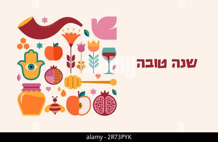 Fondo Rosh Hashanah, banner con iconos en estilo geométrico plano. Shana Tova, feliz año nuevo judío, diseño de concepto Ilustración del Vector