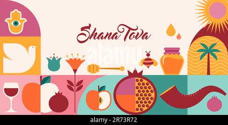 Fondo Rosh Hashanah, banner con iconos en estilo geométrico plano. Shana Tova, feliz año nuevo judío, diseño de concepto Ilustración del Vector