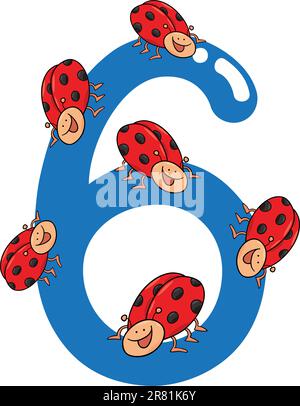  Ilustración de dibujos animados con el número   y la mariquita Imagen Vector de stock