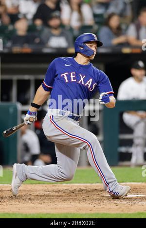 CHICAGO, IL - JUNE 21: Texas Rangers center fielder Leody Taveras (3) bats  during an MLB game against the Chicago White Sox on June 21, 2023 at  Guaranteed Rate Field in Chicago