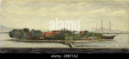 Vista de la isla de Kuiper en la bahía de Batavia, 1855-1882. Puesto de avanzada en la isla del siglo XVII para los comerciantes holandeses en lo que hoy es Indonesia. Foto de stock