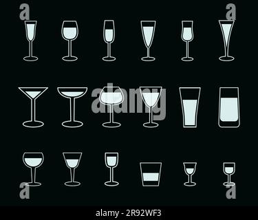 Copas de cócteles, bebida alcohólica, champán Línea Icono Conjunto Ilustración vectorial aislado Ilustración del Vector