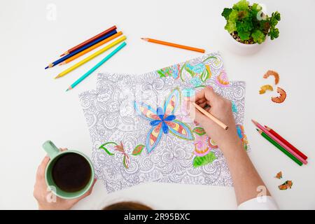 Libro para colorear de dibujar a mano para adulto. La hora del té. Tazas de  Té, frutas y flores Fotografía de stock - Alamy