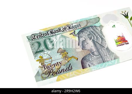 El lado reverso del nuevo billete egipcio 20 EGP LE veinte libras de polímero en efectivo presenta a la reina Cleopatra, las Grandes Pirámides junto con el Foto de stock