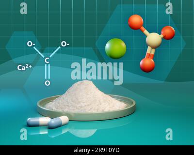 Fórmula de molécula de carbonato de calcio y diagrama 3D. Ilustración digital, renderizado 3D. Foto de stock