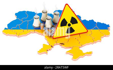 Centrales nucleares en mapa ucraniano con signo de radiación, representación 3D Foto de stock
