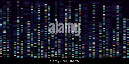 Visualización del análisis genómico. Secuenciación de genomas de ADN, análisis de mapa genético de ácido desoxirribonucleico y secuencia genómica. Datos forenses de bioinformática o Ilustración del Vector