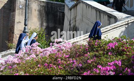 Tres monjas paseando junto a bonitas flores en la Plaza de España en Roma, Italia. Foto de stock