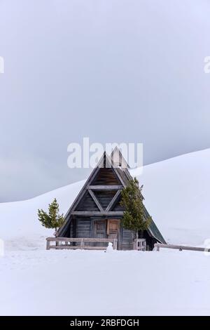 Típico chalet de madera en la montaña Dolomitas en invierno, Tirol del Sur, Passo Giau, Dolomitas, Italia Foto de stock