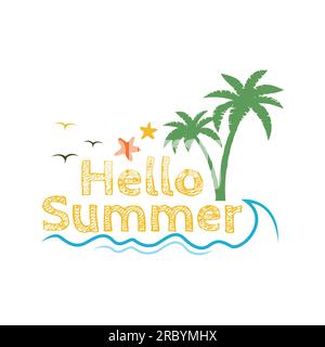 Hola Summer logo ilustración de diseño vectorial. Vector de diseño plano de playa y océano simple. Logo creativo abstracto temporada de verano Ilustración del Vector