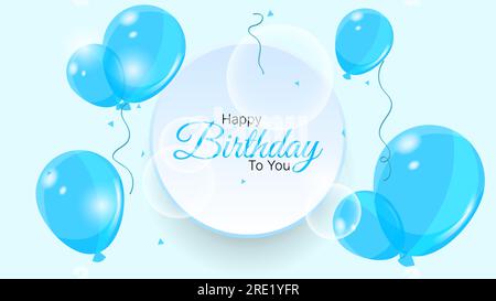 Fondo de feliz cumpleaños con globos, confeti y forma circular en color azul y blanco. adecuado para tarjetas de felicitación, póster, publicaciones de redes sociales Ilustración del Vector