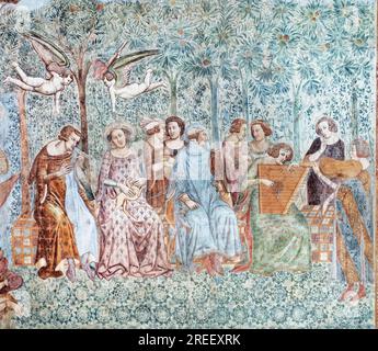 Fiesta joven en el jardín, detalle del fresco Il Trionfo della Morte, El triunfo de la muerte, pintor Buonamico Buffalmacco, Camposanto Foto de stock