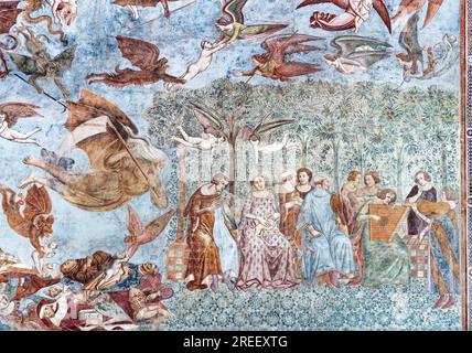 La muerte con el Scythe se convierte en una fiesta joven, detalle del fresco Il Trionfo della Morte, El triunfo de la muerte, pintor Buonamico Buffalmacco Foto de stock
