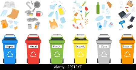 Residuos separados en diferentes contenedores. Materiales orgánicos, artículos desechables y basura de papel. Gestión de reciclaje de basura, contenedores decente vector info Ilustración del Vector