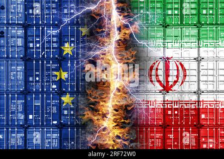 FOTOMONTAGE, Gestapelte Container mit den Fahnen von EU und dem Iran mit Flammen und Blitz, Symbolfoto EU-Sanktionen Gegen den Iran Foto de stock