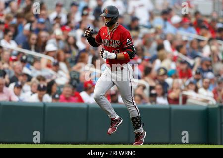 Arizona Diamondbacks' Lourdes Gurriel Jr. looks from the dugout before a  baseball game against the Miami Marlins, Friday, April 14, 2023, in Miami.  (AP Photo/Lynne Sladky Stock Photo - Alamy