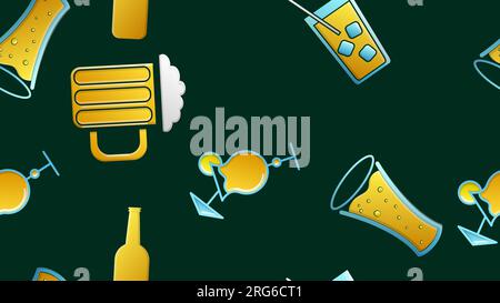 Patrón sin fin sin fisuras de hermosas copas de vidrio con sabrosos cócteles alcohólicos con hielo y pajitas con limones y cerveza para una fiesta en un bac verde Ilustración del Vector