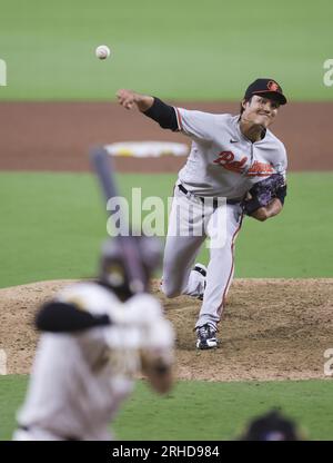 Baltimore Orioles relief pitcher Shintaro Fujinami, left, reacts with  catcher Adley Rutschman, right, during the baseball game against the  Philadelphia Phillies, Tuesday, July 25, 2023, in Philadelphia. The  Phillies won 4-3. (AP