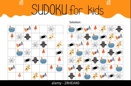 Jogo de sudoku infantil com guloseimas de halloween. exercício lógico de  crianças, atividade de jogo de quebra-cabeça de crianças. cookie de desenho  animado com cobertura de crânio, bolinho de chocolate e maçã