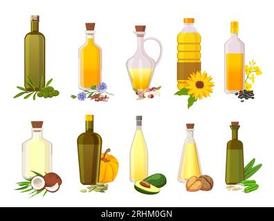 Botellas de aceite de cocina. Vegetales naturales, aceitunas, girasol, aguacate y aceites orgánicos vírgenes de coco en vidrio con plantas de ingredientes conjunto de vectores. Ilustración Ilustración del Vector