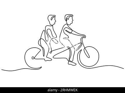 Una sola línea continua de dos niños montando bicicleta gemela aislada sobre fondo blanco. Ilustración del Vector