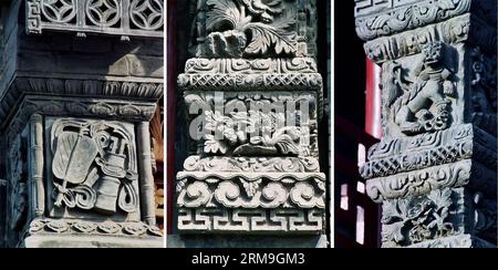 (140523) -- ZHENGZHOU, 23 de mayo de 2014 (Xinhua) -- Esta combinación de fotos muestra esculturas de techo en el Gremio Shanxi-Shaanxi-Gansu en Kaifeng, provincia central de Henan, el 6 de marzo de 2006. Un gran número de esculturas arquitectónicas se han conservado en los sitios históricos de Henan, que es una de las cunas de la civilización china. Muchas de las esculturas, creadas a partir de piedras, ladrillos o madera, fueron utilizadas como partes de construcción de residencias, santuarios y arcos conmemorativos, entre otros tipos de arquitectura. Subrayando tanto el estado de ánimo como los detalles, estas esculturas tienen temas que incluyen la vida cotidiana, le Foto de stock