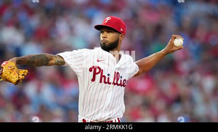 Philadelphia Phillies' Cristopher Sanchez plays during a baseball game,  Saturday, April 22, 2023, in Philadelphia. (AP Photo/Matt Slocum Stock  Photo - Alamy