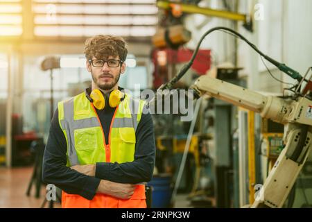 retrato joven ingeniero americano inteligente cauoccasion trabajo masculino con operador de maquinaria de automatización brazo seguro cruzado Foto de stock