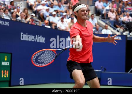 New York, United States. 05th Sep, 2023. Taylor Frtiz of the United States during his quarterfinal match against Novak Djokovic at the US Open. Photography by Credit: Adam Stoltman/Alamy Live News Stock Photo