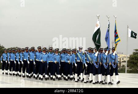 Pakistan Air Force cadets performing march past during change of guards ceremony to pay homage to the Ghazis and Shuhada of 06 September 1965 Indo-Pak War on the occasion of Defence Day of Pakistan, at Mausoleum of Quaid-e-Azam Muhammad Ali Jinnah in Karachi on Wednesday, September 6, 2023. Stock Photo