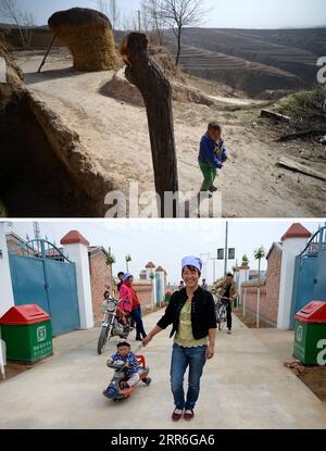 210214 -- YINCHUAN, 14 de febrero de 2021 -- TOP: Un niño juega solo en la meseta seca del municipio de Hongbaiyang, condado de Pengyang, Guyuan, región autónoma de Ningxia Hui, al noroeste de China, 15 de junio de 2013 la nuera de Zhang Junming lleva a su hijo al sitio de reubicación de Binhe Jiayuan en Yinchuan, en el noroeste de la región autónoma de Ningxia Hui, el 22 de junio de 2015. Zhang Junming, de 55 años, vivió una vez en el municipio de Hongbaiyang, un remanso económico en el sur de Ningxia. Cuando era joven, Zhang había sido gravemente herido en un accidente, y por lo tanto sufrió de discapacidades en las piernas que le impidieron Foto de stock
