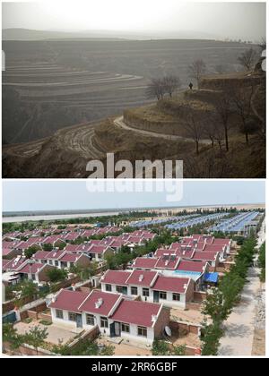 210214 -- YINCHUAN, 14 de febrero de 2021 -- TOP: Foto tomada el 15 de junio de 2013 muestra la meseta de Loess en la ciudad natal de Zhang Junming, municipio de Hongbaiyang en el condado de Pengyang, Guyuan, región autónoma de Ningxia Hui en el noroeste de China la foto tomada el 22 de junio de 2015 muestra un sitio de reubicación para aliviar la pobreza en Yinchuan, en el noroeste de la región autónoma de Ningxia Hui en China. Zhang Junming, de 55 años, vivió una vez en el municipio de Hongbaiyang, un remanso económico en el sur de Ningxia. Cuando era joven, Zhang había resultado gravemente herido en un accidente, y por lo tanto sufrió de discapacidades en las piernas que le impidieron buscar trabajo Foto de stock